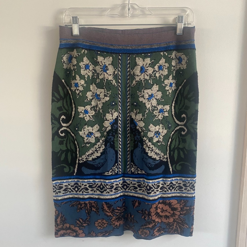 Anthropology MOTH Women Green Blue Floral Bird Jacquard Knit Tapestry Skirt Sz S